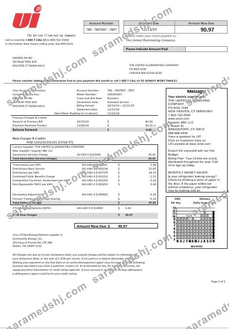 USA Connecticut The United Illuminating Company electricity business utility bill template in Word and PDF formats